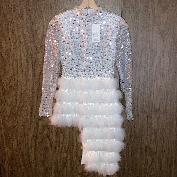 PETITE #126 Silver Sequin White Marabou Feather Split Hem Party Dress XXS XS - Picture 2 of 9